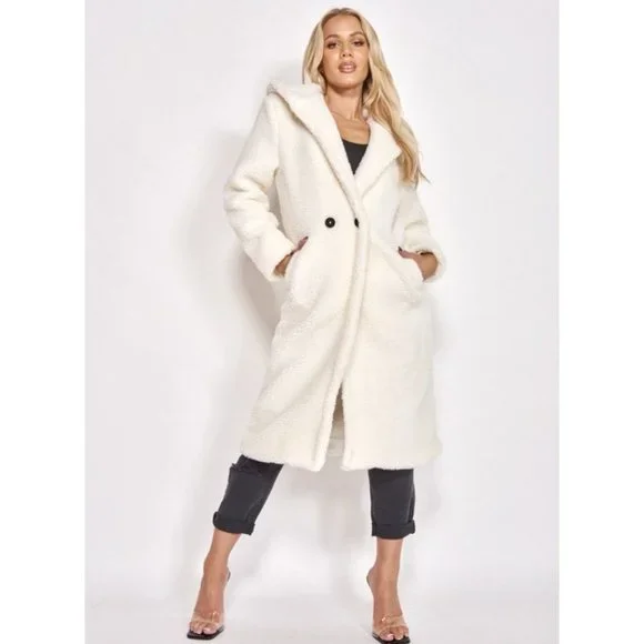 1 DAY SALE! Long Sleeve Hoodie Hooded Long Maxi Borg Teddy Bear Fur Coat - Picture 4 of 15